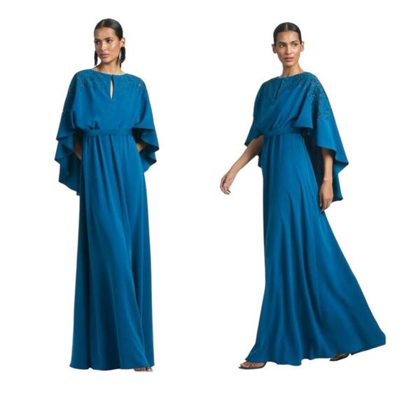 Sachin & Babi Size 8 NWT Moroccan Blue Crepe Embroidered Wren Cape Maxi Gown - Picture 1 of 11